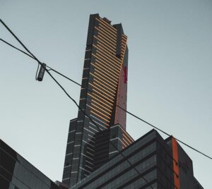 High rise building against the backdrop of a blue sky